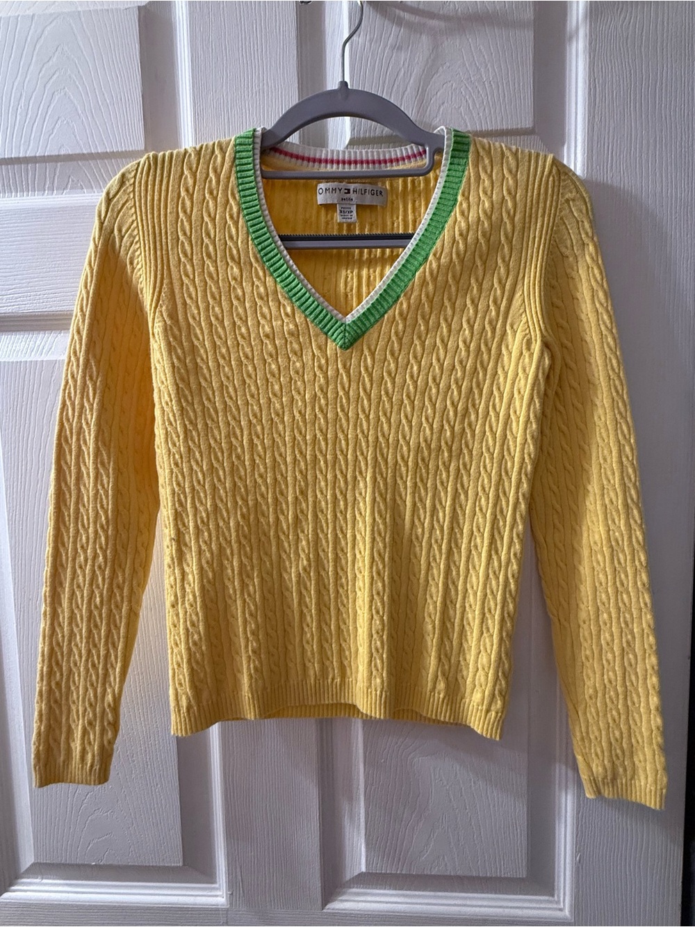 Tommy Hilfiger Yellow Cable-Knit V-Neck Sweater with Green Trim